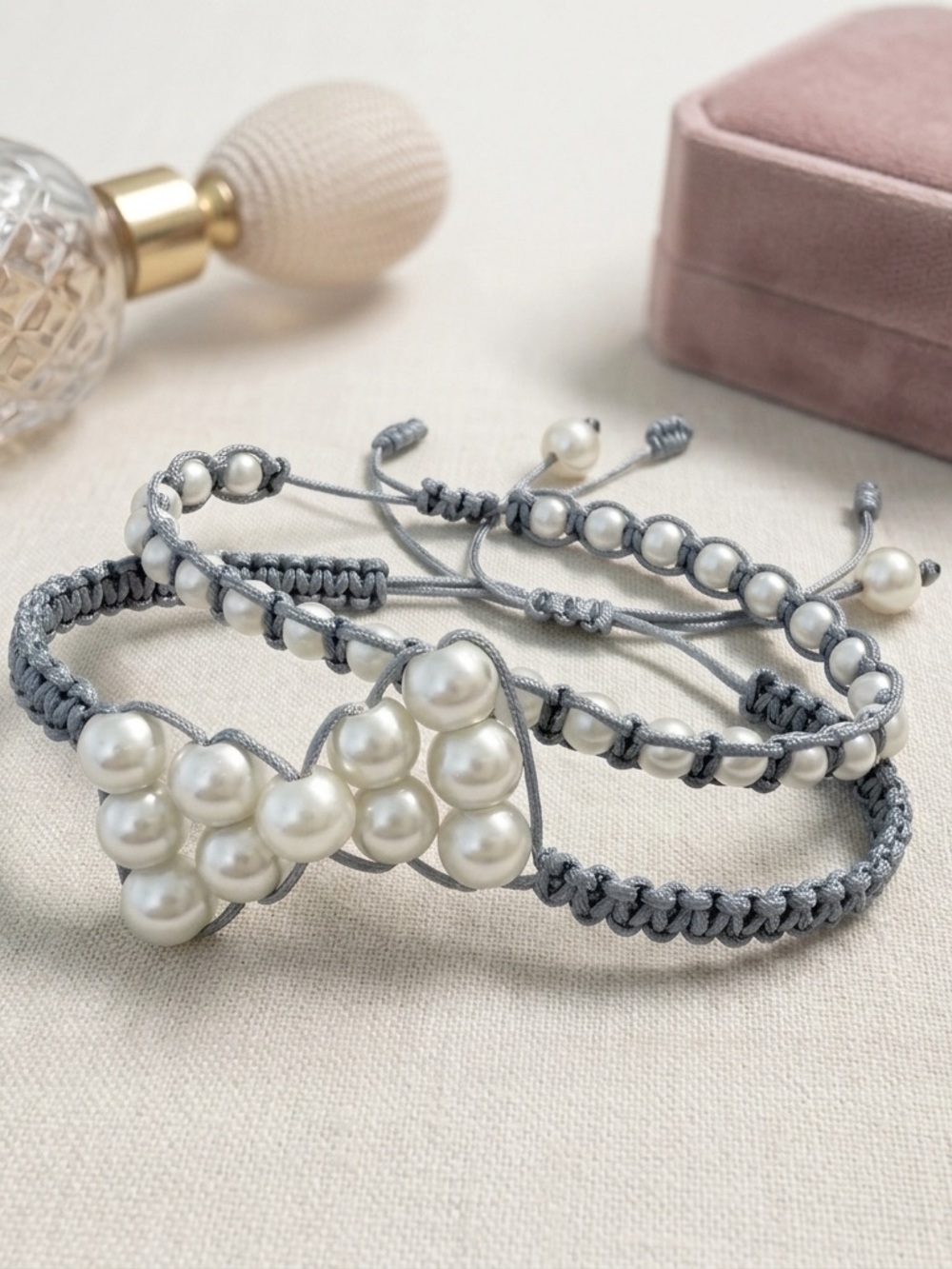 Teal Macramé Pearl Bracelet Set